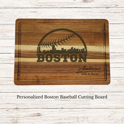 Personalized Boston baseball cutting board engraved on acacia wood with custom family name and skyline design
