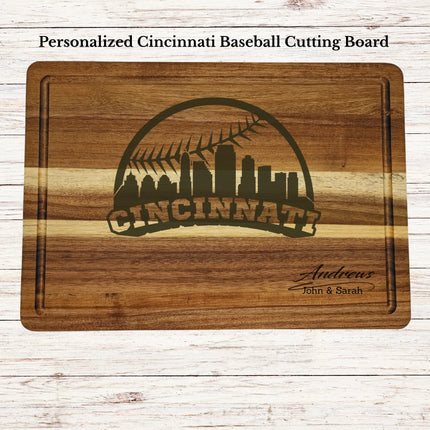 Personalized Cincinnati baseball cutting board engraved on acacia wood with custom family name and skyline design