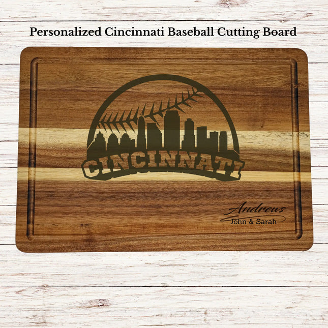 Personalized Cincinnati baseball cutting board engraved on acacia wood with custom family name and skyline design