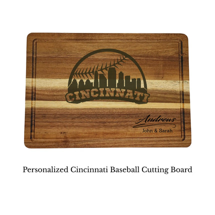 Cincinnati baseball cutting board personalized with name laser engraved on acacia wood isolated on white background