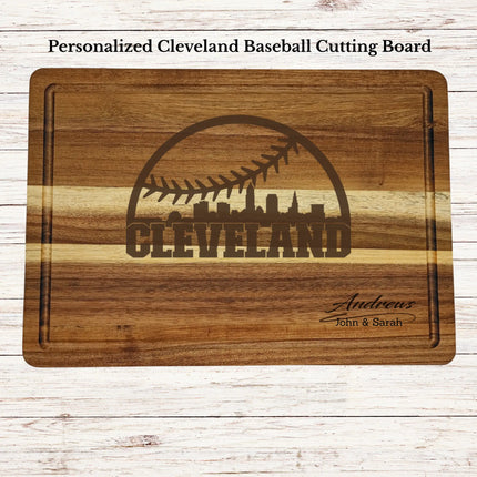 Personalized Cleveland baseball cutting board engraved on acacia wood with custom family name and skyline design