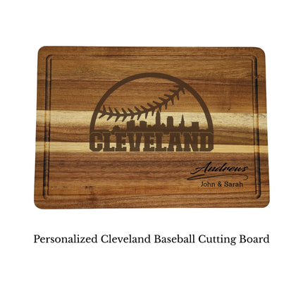 Cleveland baseball cutting board personalized with name laser engraved on acacia wood isolated on white background