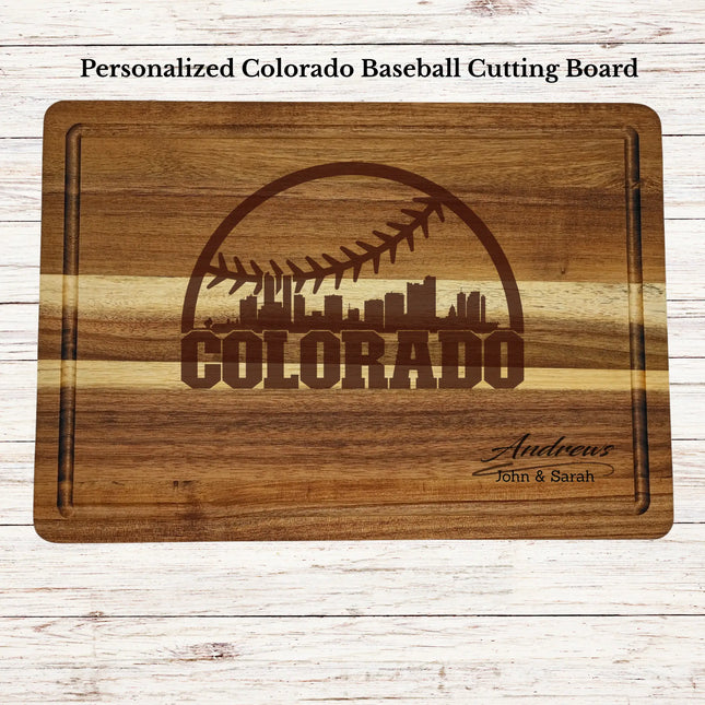 Personalized Colorado baseball cutting board engraved on acacia wood with custom family name and mountain skyline design