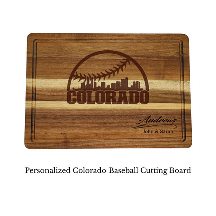 Colorado baseball cutting board personalized with name laser engraved on acacia wood isolated on white background