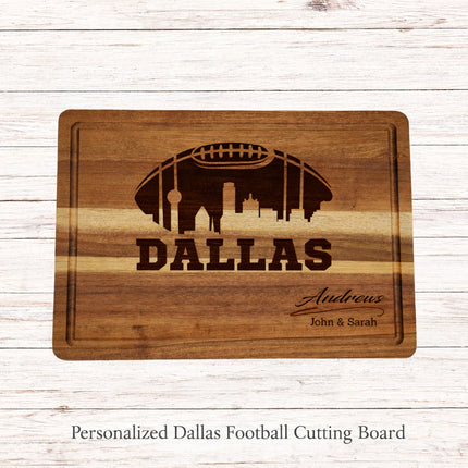 Personalized Dallas football cutting board with laser engraved skyline and custom family name