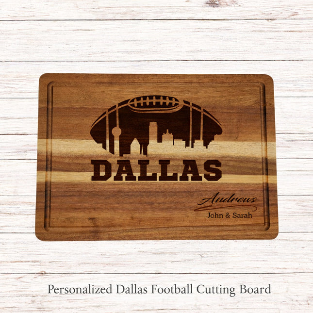 Personalized Dallas football cutting board with laser engraved skyline and custom family name