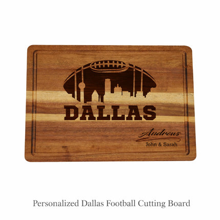 Personalized Dallas football cutting board with laser engraved skyline and custom family name