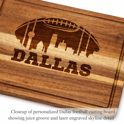 Close up of juice groove and laser engraved Dallas football cutting board showing wood grain detail