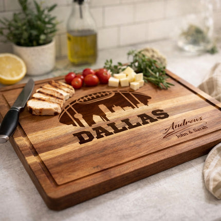 Personalized Dallas football cutting board shown in a kitchen setting to demonstrate everyday use