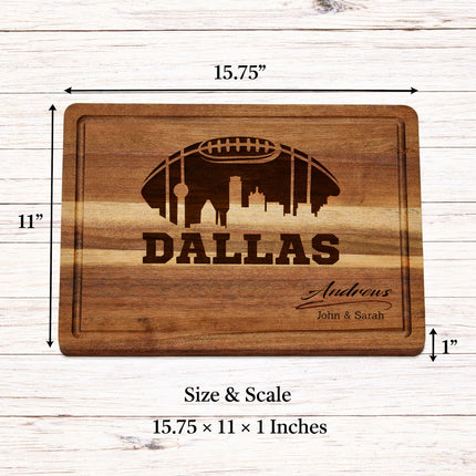 Personalized Dallas football cutting board showing size and scale with dimensions 15.75 by 11 by 1 inches