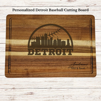 Personalized Detroit baseball cutting board engraved on acacia wood with custom family name and skyline design