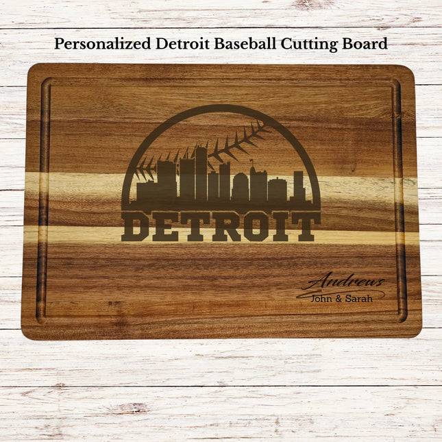 Personalized Detroit baseball cutting board engraved on acacia wood with custom family name and skyline design