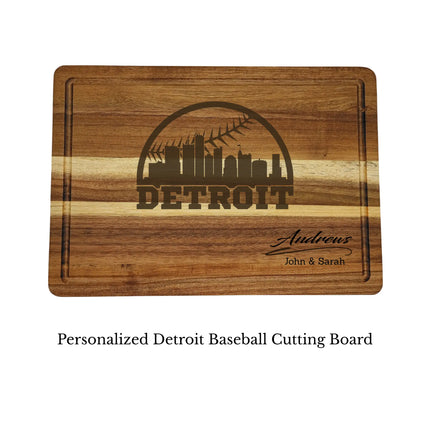 Detroit baseball cutting board personalized with name laser engraved on acacia wood isolated on white background
