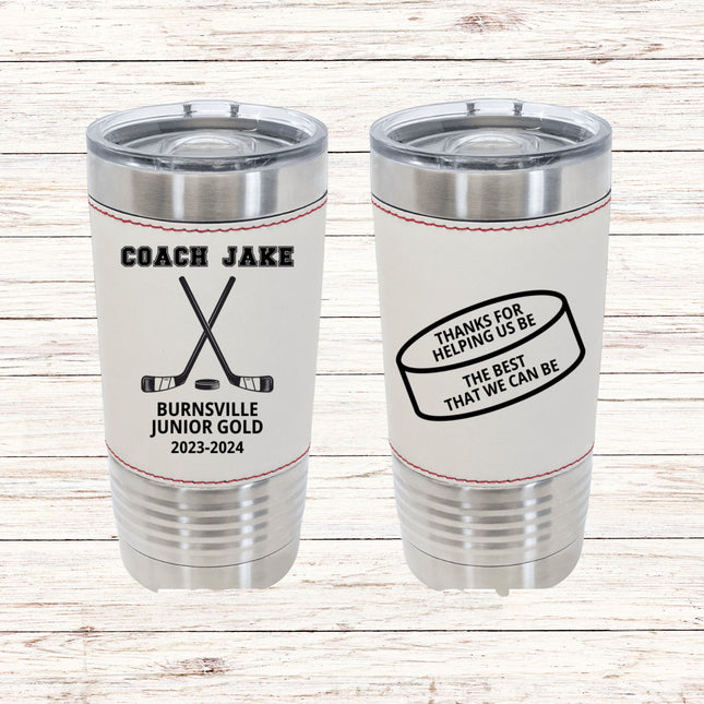 Custom Hockey Coach Tumbler: Personalized 20oz Leatherette Insulated Gift