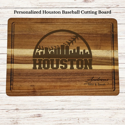 Personalized Houston baseball cutting board engraved on acacia wood with custom family name and skyline design