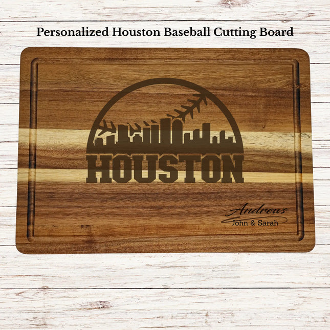 Personalized Houston baseball cutting board engraved on acacia wood with custom family name and skyline design