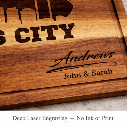Close up of deep laser engraved Kansas City football cutting board showing carved detail and wood grain