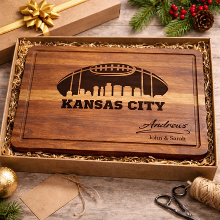Personalized Kansas City football cutting board shown boxed in a presentation box for gifting