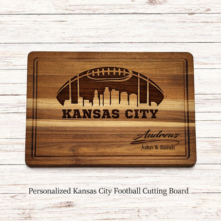 Personalized Kansas City football cutting board engraved with city skyline and custom family name