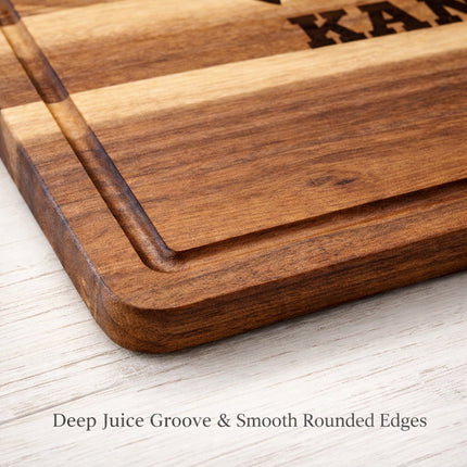 Close up of deep juice groove and smooth rounded edges on personalized Kansas City football cutting board
