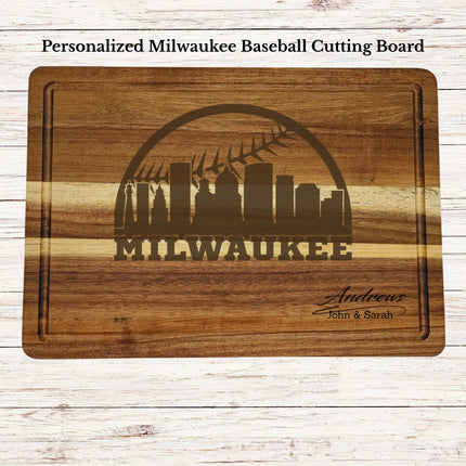 Personalized Milwaukee baseball cutting board engraved on acacia wood with custom family name and skyline design
