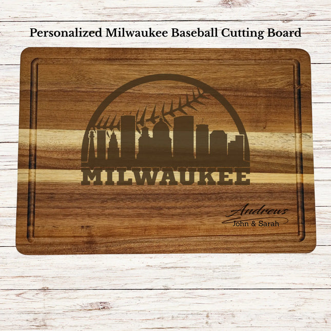 Personalized Milwaukee baseball cutting board engraved on acacia wood with custom family name and skyline design
