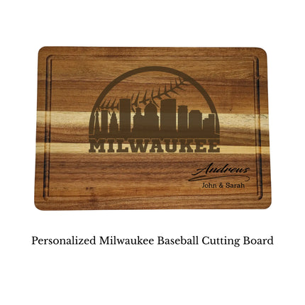 Milwaukee baseball cutting board personalized with name laser engraved on acacia wood isolated on white background