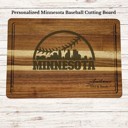 Personalized Minnesota baseball cutting board engraved on acacia wood with custom family name and skyline design