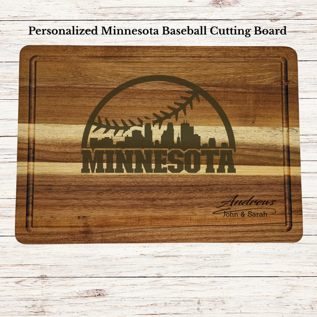 Personalized Minnesota baseball cutting board engraved on acacia wood with custom family name and skyline design