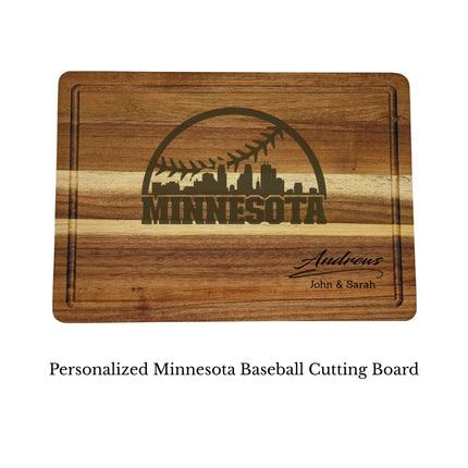Minnesota baseball cutting board personalized with name laser engraved on acacia wood isolated on white background