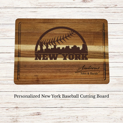 Personalized New York baseball cutting board engraved on acacia wood with custom family name and skyline design