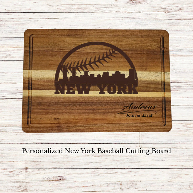 Personalized New York baseball cutting board engraved on acacia wood with custom family name and skyline design
