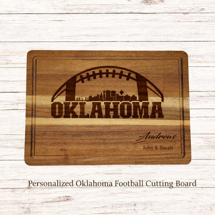 Personalized Oklahoma football cutting board with laser engraved skyline and custom family name