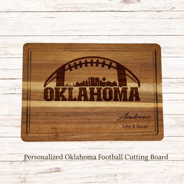 Personalized Oklahoma football cutting board with laser engraved skyline and custom family name