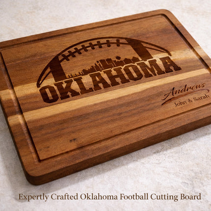 Close up of juice groove and laser engraved Oklahoma football cutting board showing wood grain detail