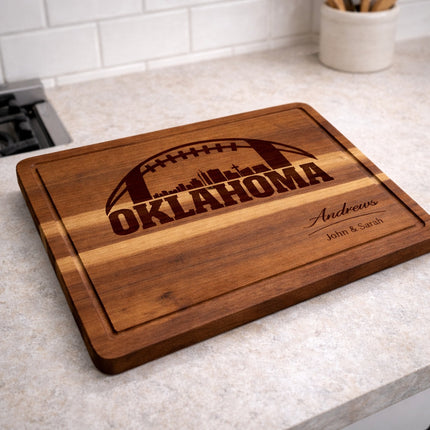 Personalized Oklahoma football cutting board shown on a kitchen counter to demonstrate everyday use