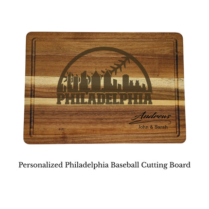 Philadelphia baseball cutting board personalized with name laser engraved on acacia wood isolated on white background