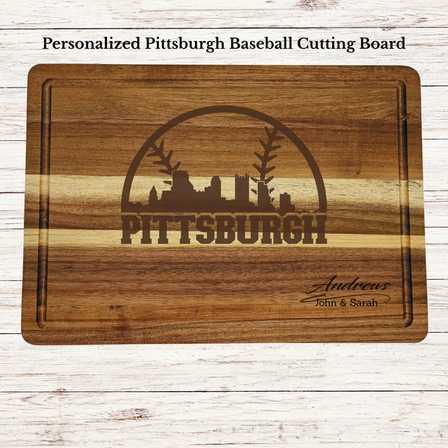 Personalized Pittsburgh baseball cutting board engraved on acacia wood with custom family name and skyline design