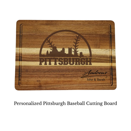 Pittsburgh baseball cutting board personalized with name laser engraved on acacia wood isolated on white background