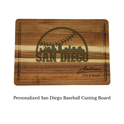 San Diego baseball cutting board personalized with name laser engraved on acacia wood isolated on white background