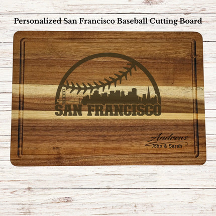 Personalized San Francisco baseball cutting board engraved on acacia wood with custom family name and skyline design