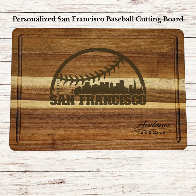 Personalized San Francisco baseball cutting board engraved on acacia wood with custom family name and skyline design