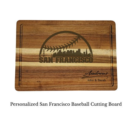 San Francisco baseball cutting board personalized with name laser engraved on acacia wood isolated on white background