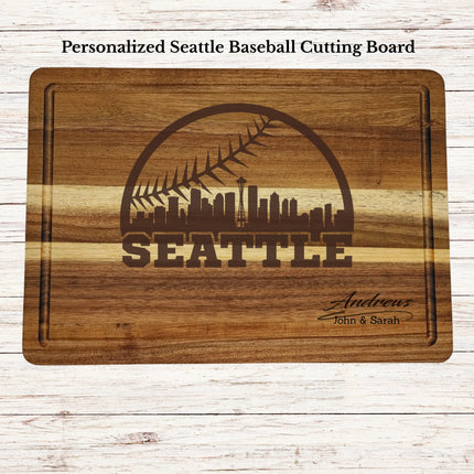 Personalized Seattle baseball cutting board engraved on acacia wood with custom family name and skyline design