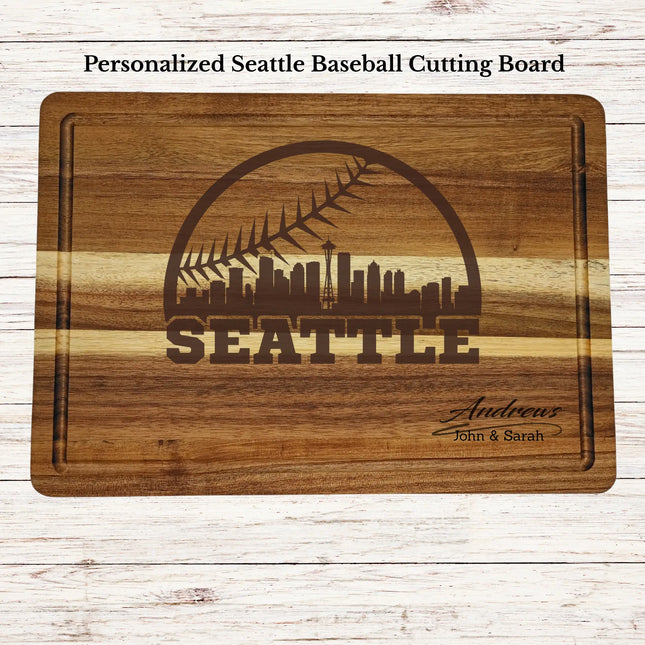 Personalized Seattle baseball cutting board engraved on acacia wood with custom family name and skyline design