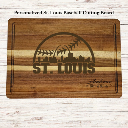 Personalized St Louis baseball cutting board engraved on acacia wood with custom family name and skyline design