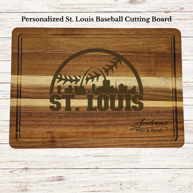 Personalized St Louis baseball cutting board engraved on acacia wood with custom family name and skyline design