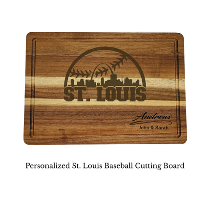 St Louis baseball cutting board personalized with name laser engraved on acacia wood isolated on white background