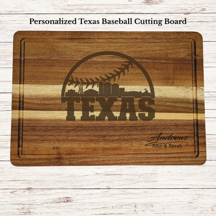 Personalized Texas baseball cutting board engraved on acacia wood with custom family name and state design