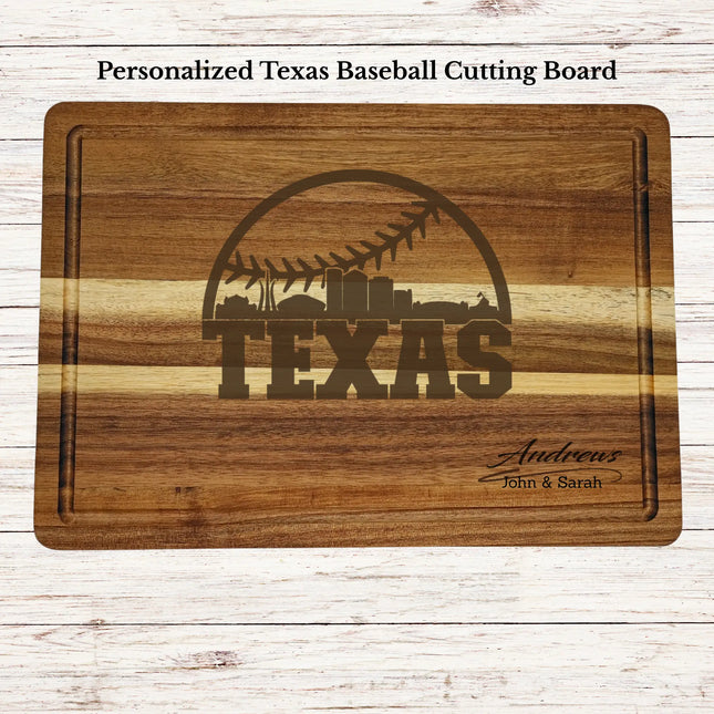 Personalized Texas baseball cutting board engraved on acacia wood with custom family name and state design